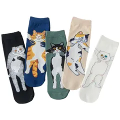 [Miracroute] 猫 デザイン 靴下 ５色セット レディース 22-24cm ねこ ネコ キャット くるぶし クルー ソックス ５足セット かわいい (Ｆセット)