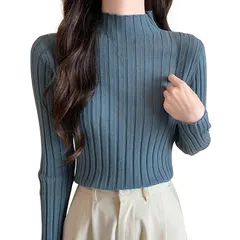 [YUMISS] トップス セーター リブニット レディース 秋冬 【上品な柔らかい素材・着痩せ・贅沢な質感】【リブ編み・着回し力】ニットトップス 薄手 高伸縮 細身 重ね着 長袖 ハイネック シンプル おしゃれ カジュアル 九色展開 (ブルー) 1