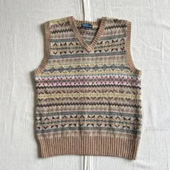 希少　〜00s　archive　アーカイブ　旧タグ　Polo by Ralph Lauren　ポロバイラルフローレン　ニットベスト　プルオーバー　コットン×カシミヤ　フェアアイル　総柄　ベージュ　一点物　アメカジ　Y2K　fair isle knit vest