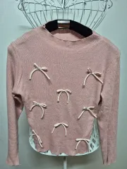 リボン装飾 ピンク ニット 長袖Tシャツ