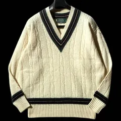 RAMON★90s archive★希少サイズLL★ケーブル&ライン Vネック チルデン ニットセーター ウール アラン 白クリーム 日本企画Y2Kヴィンテージ