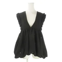 ベリテ VERITE ブラウス ビスチェ M～L 黒 ブラック Vネック ノースリーブフラワーモチーフ フリル /AO15 ■GY99