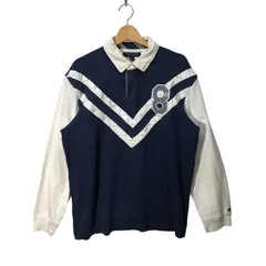 TOMMY HILFIGER トミーヒルフィガー ラガーシャツ 長袖 ポロシャツ ワンポイント刺繡 Philippines製 Lサイズ ネイビー ホワイト