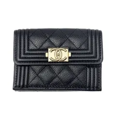 【中古】 シャネル 財布 三つ折り レディース ボーイシャネル マトラッセ キャビアスキン スモールウォレット ブラック シャンパンゴールド A84432