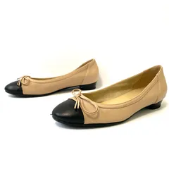 日本製◎【GINZA kanematsu】銀座カネマツ ラウンドトゥ レザー パンプス フラット ローヒール りぼん オフィス ママコーデ 結婚式 お呼ばれ 入学式 卒業式 上品 ベージュ×ブラック レディース 23.5cm/M41944UU