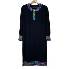 LEONARD(レオナール) ワンピース サイズLL レディース美品  - 黒×ブルー×マルチ 長袖/ロング/肩パッド