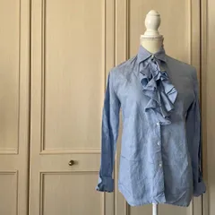 36 ラルフローレン Ralph Lauren フリル ブラウス シャツ トップス　レディース　blouse　shirt　Tops　ladies　LINEN リネン 麻 青　ブルー　長袖
