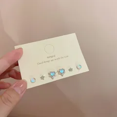 セットピアス ハート 星 ドロップビーズ オーロラカラー ラインストーン ピアス 両耳用 パステルカラー ブルー系 ぷっくり ファンシー ガーリー ラブリー さわやか シンプル 透け感 レディース 韓国アクセ プチプラ