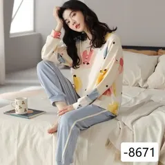 ＜在庫処分＞v春秋 レディース パジャマ 長袖 長ズボン 綿100％ 可愛い ルームウェア 前開き 上下セット　XL   bu1