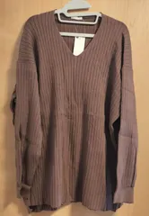 新品タグ付き　GU　ジーユー　XL　茶ブラウン　ワイドリブ　Vネック　ニットチュニック　長袖　大きいサイズ　プラスサイズ