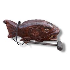 大型！全長92cm！木彫 魚横木 目・口中自在玉 鯉横木 自在鉤 囲炉裏