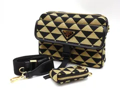 プラダ シンボル エンブロイダリー ファブリック ショルダーバッグ ブラック ベージュ ゴールド金具 2VH133