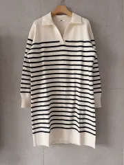 新品 UNIQLO ユニクロ ストライプ ロング ワンピース ニット カラーネック