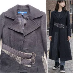 OHDD イタリア製 再構築 ロングコート 26 M相当 黒 リネンウール 異素材切替 アバンギャルド モード 裏地アート 春秋 破壊と再生を纏う服