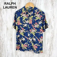 美品 POLO RALPH LAUREN ポロラルフローレン ポニーロゴ刺繍 花柄 トロピカルプリント レーヨン アロハシャツ ブルー キッズ 150cm