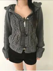 our cabinet ダッフル ケーブル編み WHO フード 長袖 ニット カーディガン チャコール ourcabinet