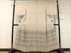 付下げ 着物 正絹 花びら文様 金彩 刺繍調 上品 グレージュ フォーマル 