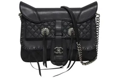 極美品 CHANEL シャネル Paris-Dallas フリンジ フラップ サドルバッグ キルティング 2014年 19番台 カーフスキン ブラック 4b011468