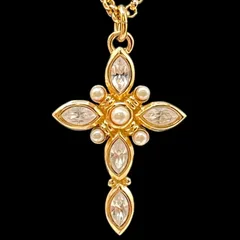 希少 Christian Dior クリスチャン ディオール クロスモチーフ 十字架 パール ラインストーン ネックレス ペンダント アクセサリー 首輪 ゴールド ジュエリー ヴィンテージ