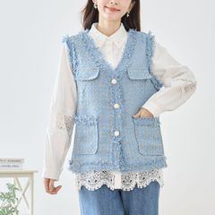 재입고 NEW Spring [reve bleu TRUBE] 트위드 프린지 베스트 비쥬 버튼 꽃 모티브 M ~ L (블루) (N32-112) 여성 여성 의류 옷 품위 어른 귀여운 예쁜 여성