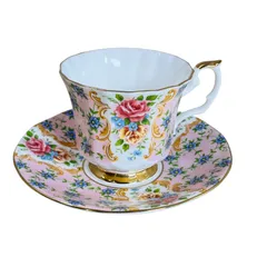 Queen’s クイーンズ ファインボーンチャイナ カップ＆ソーサー Blenheim 花柄 ピンク 金彩 英国製