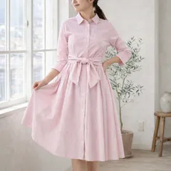 9号 M ウエストリボン 7分袖 ストライプ フレア シャツ ワンピース レディース ひざ丈 オフィス きれいめ/ピンク/5968961