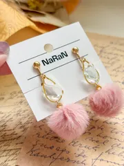 370≫シーグラスとファーボールのイヤリング/ピアス