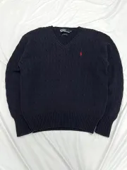 (95) POLO RALPH LAUREN(ポロラルフローレン) レッドポニー Vネック ケーブル編み ニット ネイビー