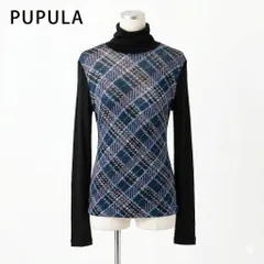 PUPULA プピュラ チェック柄切替 タートルネック 長袖 トップス ブルー