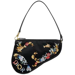 クリスチャンディオール Christian Dior サドルバッグ ワンショルダー 刺 アクセサリーポーチ ハンドバッグ キャンバス ブラック レディース 【中古】
