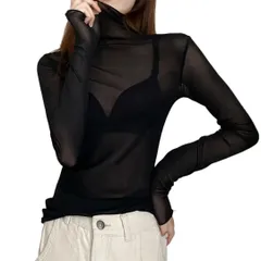 レディース シースルー シアートップス インナー 3カラー MorL スリムTシャツ 長袖 タートルネック