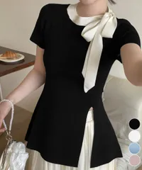 【日本倉庫即納】 リボン付きニットトップス サイドスリット