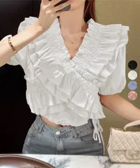 【日本倉庫即納】 フリルブラウス シャーリングブラウス半袖