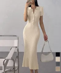 【日本倉庫即納】 ポロニットワンピース 半袖 ロングワンピ