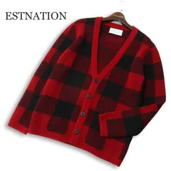 【美品】ESTNATION エストネーション 秋冬 ウール バッファロー チェック Vネック ニット カーディガン 羽織り Sz.M メンズ
