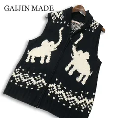 ペルー製 GAIJIN MADE ガイジンメイド ハリラン 象 エレファント柄 カウチン コットン ニット ジップ ベスト  Sz.2 メンズ