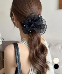 【日本倉庫即納】 透け感シュシュ パール 韓国風 ヘアゴム