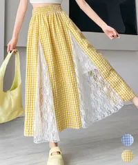 【日本倉庫即納】 レース切り替え ロングチェック柄スカート