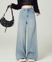 【日本倉庫即納】 ダメージデニムパンツ ワイドレッグデニム_2