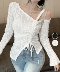 【日本倉庫即納】 ワンオフショルダーレースTシャツギャザー