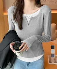 【日本倉庫即納】 レイヤード風Tシャツ スリットネック秋服