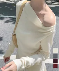 【日本倉庫即納】 オフショルニットトップスサイドタック長袖