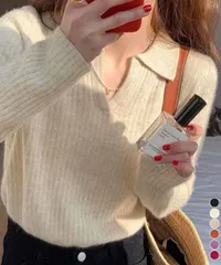 【日本倉庫即納】 スキッパーニット韓国風リブニットトップス