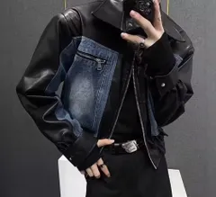 レザーデニムジャケット パッチワーク 韓国 ストリート モード ユニセックス