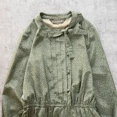 昭和レトロ くすみグリーン小紋柄 ボウタイ付き前開きロングワンピース