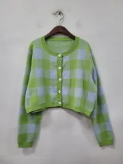 DAZY チェック クロップド カーディガン グリーン/ブルー