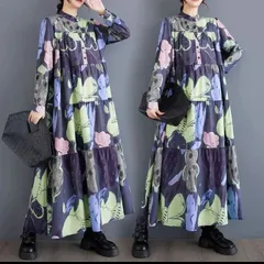 【新品】モード系個性大きいサイズ　レディースゆったりロングワンピース　体型カバーAライン　花柄長袖春夏秋冬