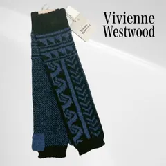 【タグ付き・未使用品】 ヴィヴィアン ウエストウッド アームカバー ニット 手袋 フィンガーレス  指抜き グローブ 総柄 オーブ レザー パッチ ロゴ ブルー Vivienne Westwood