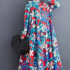 【新品】花柄大きいサイズ　レディースゆったりロングワンピース　体型カバーAライン長袖春夏秋冬花柄