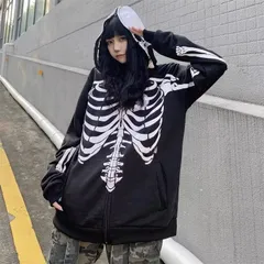 レディース パーカー スウェット ジップアップ フード付き アニメ マンガ プリント スケルトン フルボディ オーバーサイズ ストリート ターコイズ ブルー ユニセックス 個性派 原宿系 韓国ファッション 派手 イベント用